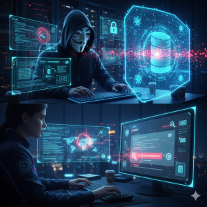 Intelligence Artificielle pour protection Business, Système Informatique SI et Données DATA Hacker Anonymous espionage détective privé IA informatique