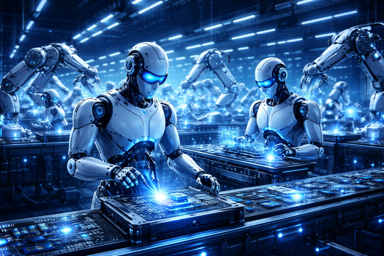 Coder un IA, Intelligence artificielle et robotisation de la société Usine futuriste de robots en action